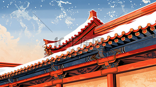 屋檐积雪插画图片_中国古代宫殿屋檐一角的特写14