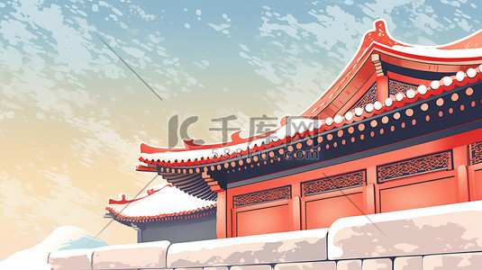 屋檐积雪插画图片_中国古代宫殿屋檐一角的特写5