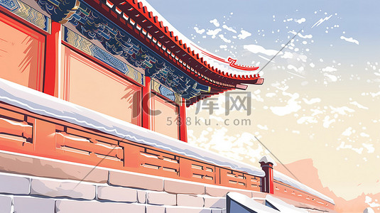 屋檐积雪插画图片_中国古代宫殿屋檐一角的特写18