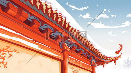 屋檐积雪插画图片_中国古代宫殿屋檐一角的特写8
