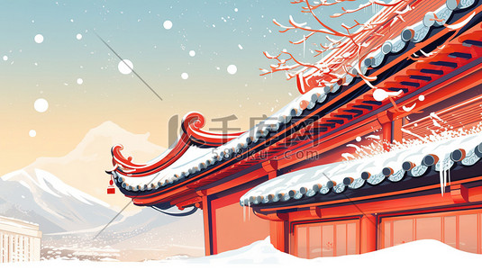 屋檐积雪插画图片_中国古代宫殿屋檐一角的特写1
