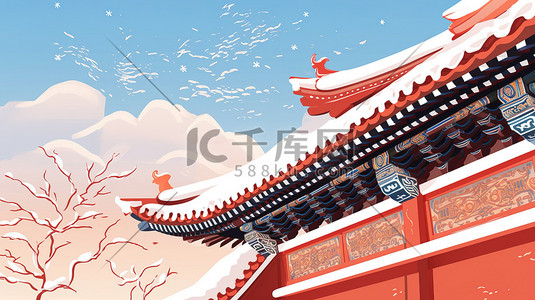 屋檐积雪插画图片_中国古代宫殿屋檐一角的特写12