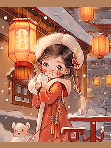 冬季卡通女孩手绘中国风插画