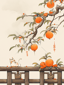 冬季柿子树小猫新年国风插画
