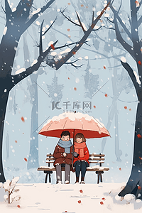 长椅情侣插画图片_冬天手绘插画下雪的天空情侣