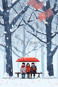 下雪的天空插画图片_冬天情侣下雪的天空手绘插画