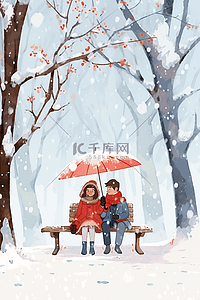 长椅情侣插画图片_冬天下雪的天空情侣手绘插画