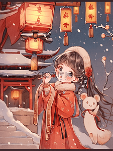 红色海报中国风插画图片_卡通女孩冬季手绘中国风插画