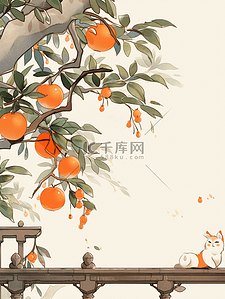 一个可爱的小猫插画图片_新年冬季小猫国风柿子树插画