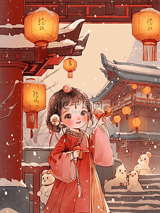 卡通冬季女孩手绘中国风插画