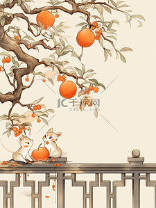 一个可爱的小猫插画图片_冬季柿子树小猫国风插画新年