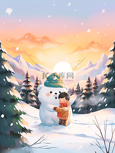 冬天夕阳下男孩拥抱小熊手绘插画