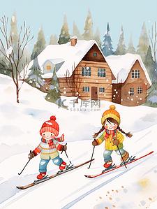 冬天插画手绘可爱孩子滑雪