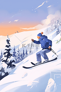 裤子插画图片_男孩雪山滑雪手绘插画冬天