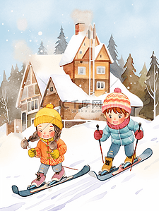 冬天插画可爱孩子滑雪手绘