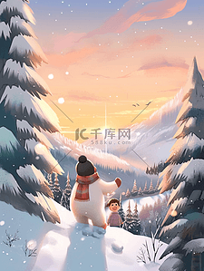 冬天插画夕阳下男孩拥抱小熊手绘