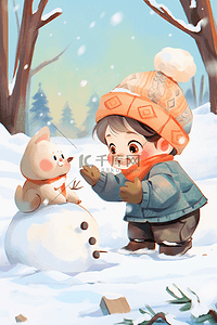 一堆插画图片_冬天手绘雪地里孩子动物堆雪人插画