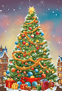 装饰品插画图片_一颗巨大的圣诞树挂满色彩艳丽的装饰品