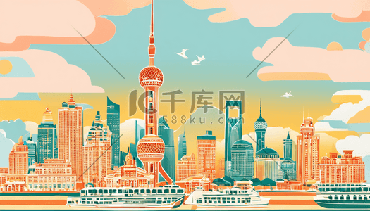 中国上海插画图片_中国上海外滩的风景