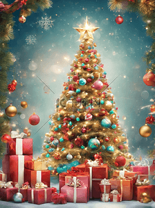圣诞树下很多圣诞礼物插画梦幻背景