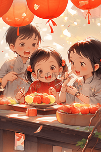 迎新3插画图片_海报迎新年手绘可爱孩子吃年饭插画