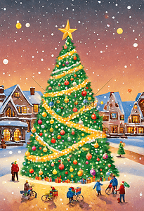 装饰品插画图片_一颗巨大的圣诞树挂满色彩艳丽的装饰品