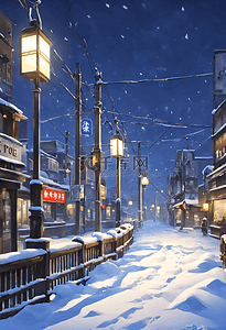 城市街景冬天夜晚雪地插画十字路口