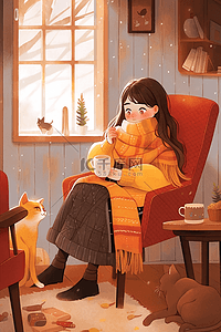 喝咖啡女孩冬天手绘插画海报