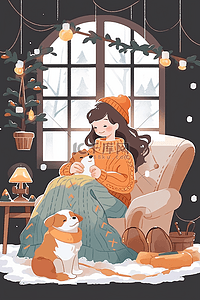 冬天室内女孩圣诞节喝咖啡手绘插画
