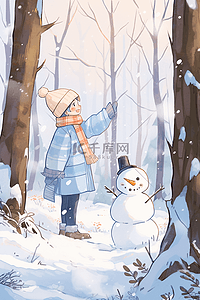 雪景可爱孩子雪人手绘插画海报冬天