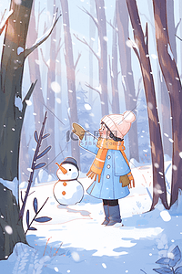 冬天雪景可爱孩子雪人插画手绘海报
