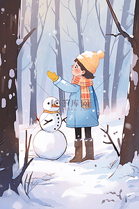 冬天雪景可爱孩子雪人插画海报手绘