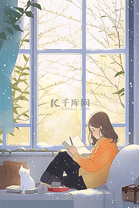 坐着的女孩插画图片_插画冬日暖阳窗前女孩看书手绘