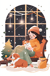 冬天手绘插画室内女孩喝咖啡圣诞节