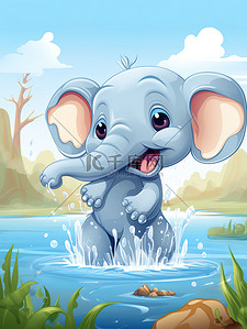 水中动物插画图片_小象在水中玩耍儿童绘本11