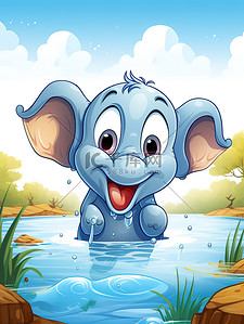 水中动物插画图片_小象在水中玩耍儿童绘本13