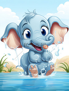 水中动物插画图片_小象在水中玩耍儿童绘本10