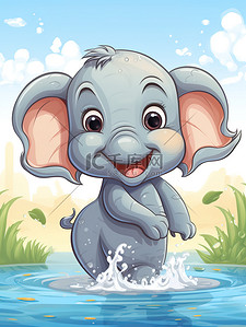 水中动物插画图片_小象在水中玩耍儿童绘本3