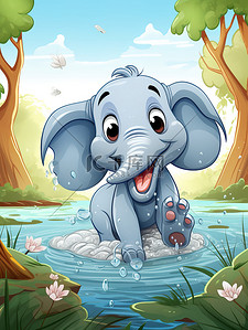 水中动物插画图片_小象在水中玩耍儿童绘本18