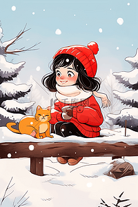 雪景可爱插画图片_冬天雪景可爱女孩小猫手绘插画