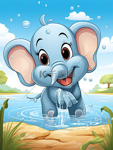 水中动物插画图片_小象在水中玩耍儿童绘本5