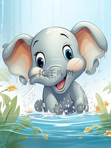 水中动物插画图片_小象在水中玩耍儿童绘本20