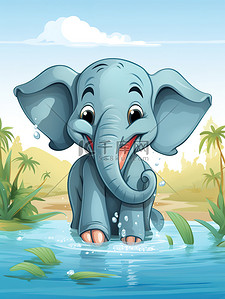 水中动物插画图片_小象在水中玩耍儿童绘本16