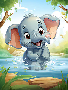 小象在水中玩耍儿童绘本19