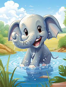 水中动物插画图片_小象在水中玩耍儿童绘本8