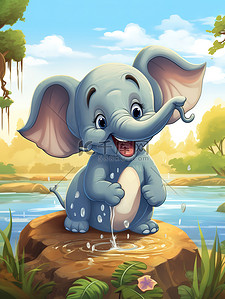 水中动物插画图片_小象在水中玩耍儿童绘本14