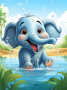 水中动物插画图片_小象在水中玩耍儿童绘本1