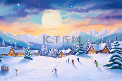 冬天唯美雪景雪山滑雪手绘插画