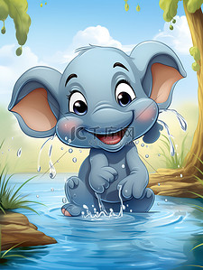 水中动物插画图片_小象在水中玩耍儿童绘本4