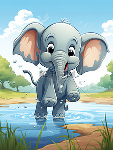 水中动物插画图片_小象在水中玩耍儿童绘本2
